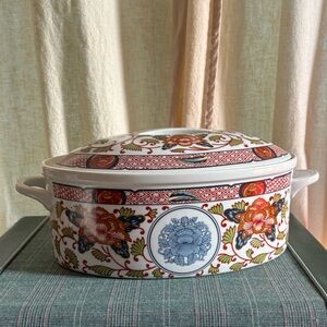 Vintage Japanese Imari Porcelain Peony Casserole Lidded Baking Dish